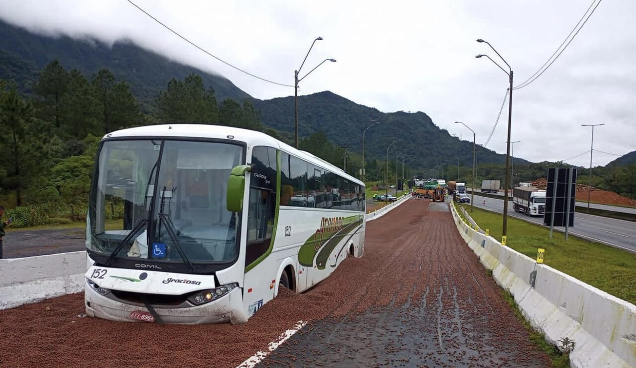 Acidente evitado: Ônibus de turismo usa área de escape na BR-376