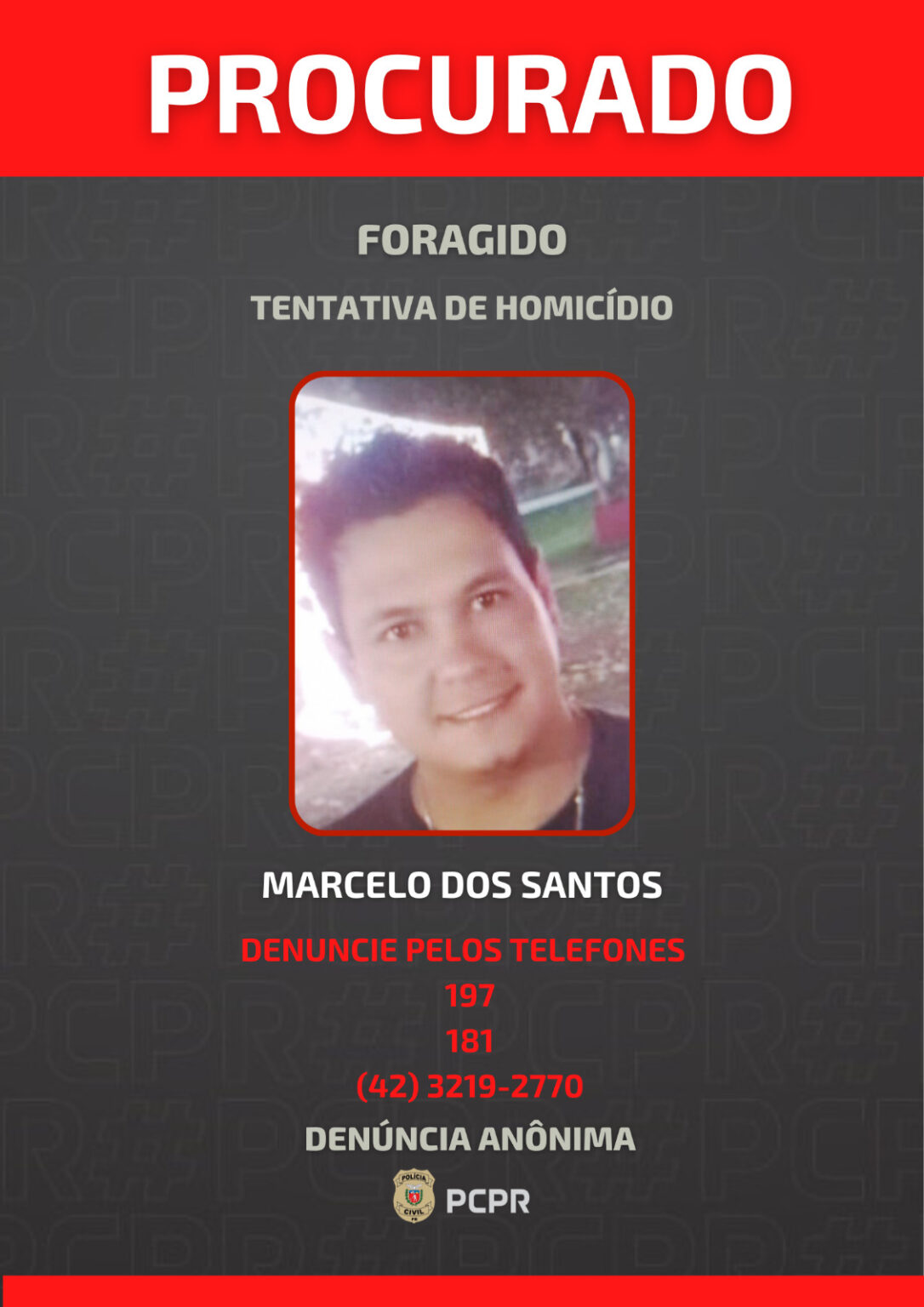 PCPR divulga foto de homem foragido por tentativa de homicídio em Ponta Grossa