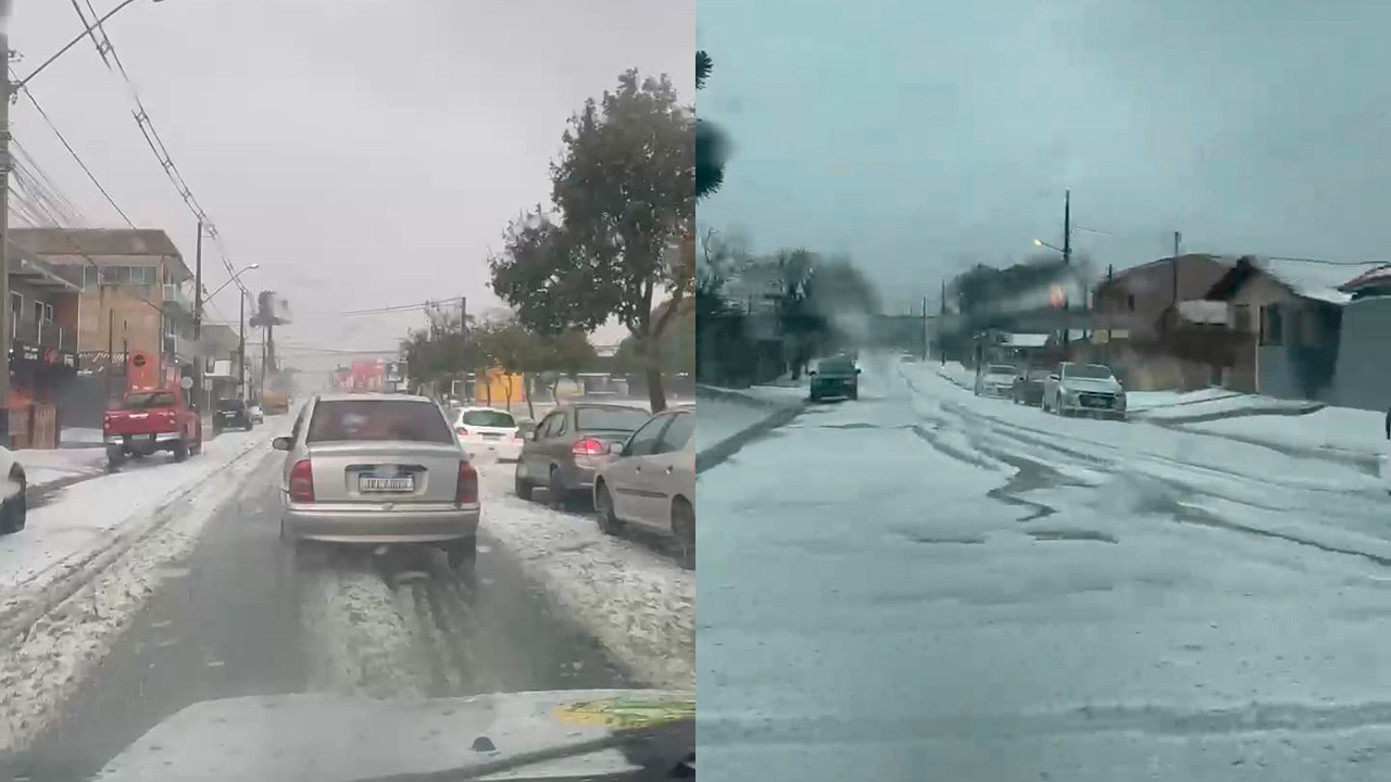 Tempestade de granizo cobre ruas de Castro na manhã desta terça-feira
